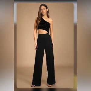 Feel the Glow Black Sequin One-Shoulder Cutout Jumpsuit